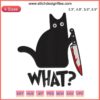 Black cat embroidery design with knife, perfect for cat lovers; quirky and funny feline motif.