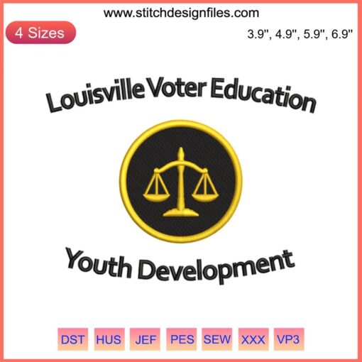 Youth-oriented Louisville Voter Education embroidery design in vibrant colors, perfect for machine embroidery, promoting civic awareness.