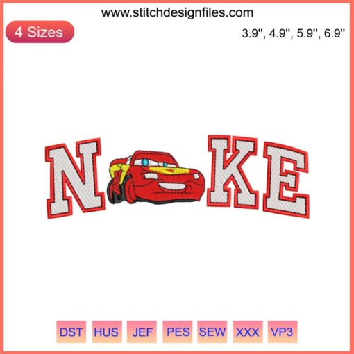 Lightning McQueen embroidery file, Nike-inspired, Pixar Cars design, digital download for embroidery machines.