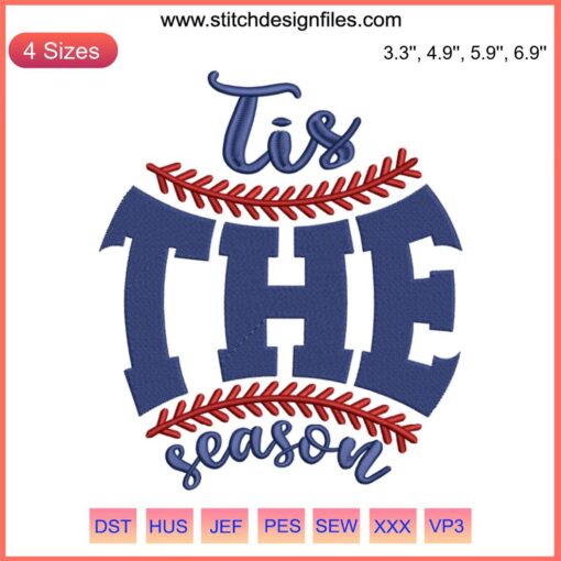 "Baseball Tis the Season Embroidery Design File for Baseball Mom Softball. Festive sports-themed embroidery pattern download."