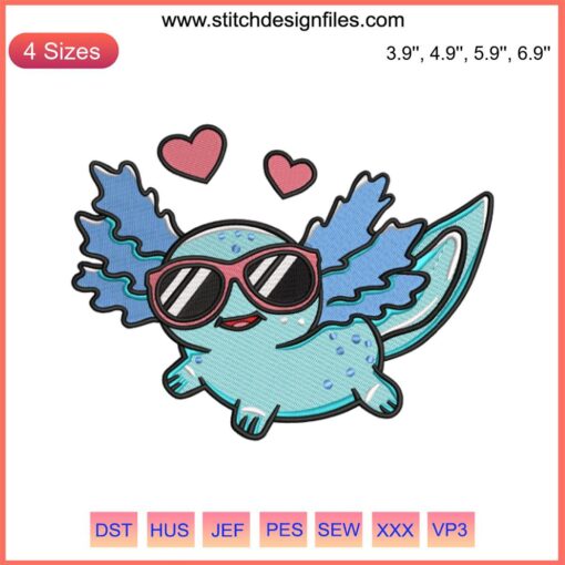 Adorable axolotl embroidery design file for kids' gifts; perfect for baby-themed projects. Cute axolotl machine embroidery pattern.