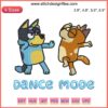 Bluey Dance Mode Embroidery Design featuring Bluey and Chilli Heeler, humorous and vibrant machine embroidery pattern.