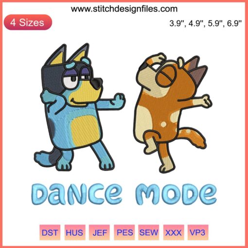 Bluey Dance Mode Embroidery Design featuring Bluey and Chilli Heeler, humorous and vibrant machine embroidery pattern.