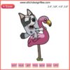 Bluey Muffin Heeler Flamingo Queen Embroidery Design: Adorable Muffin character in flamingo costume for fun machine embroidery.