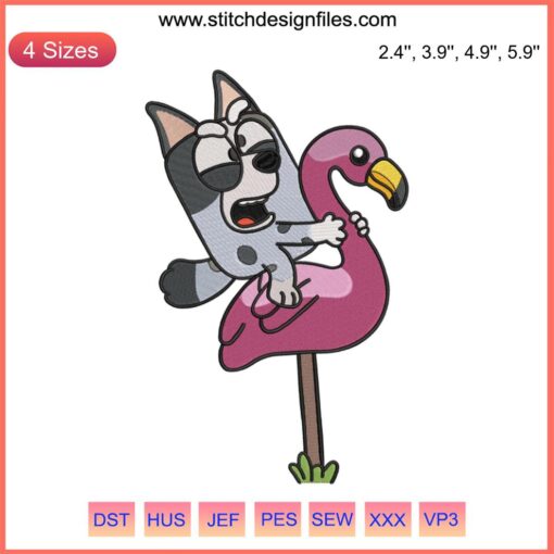 Bluey Muffin Heeler Flamingo Queen Embroidery Design: Adorable Muffin character in flamingo costume for fun machine embroidery.