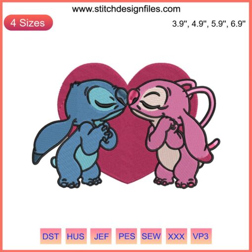 Stitch and Angel in heart design, Valentine embroidery file, Disney Lilo and Stitch themed machine design for couples.