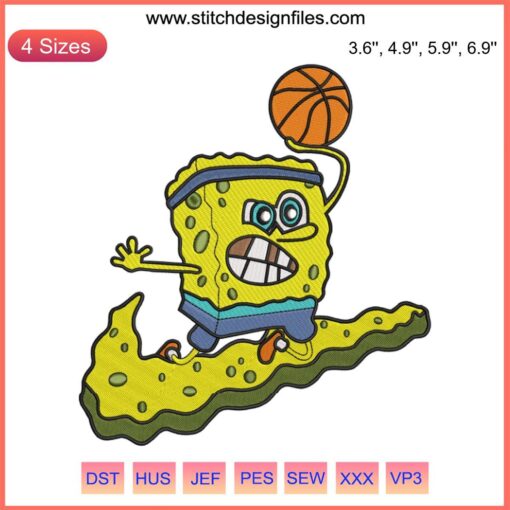 SpongeBob playing basketball Nike embroidery design, featuring SpongeBob SquarePants logo, machine-stitched sports art.