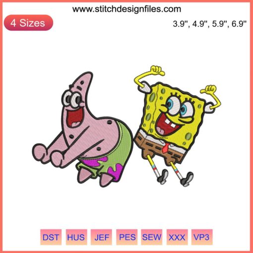SpongeBob and Patrick hilarious embroidery design; SpongeBob SquarePants embroidery for machine stitching; cartoon-themed fabric art.