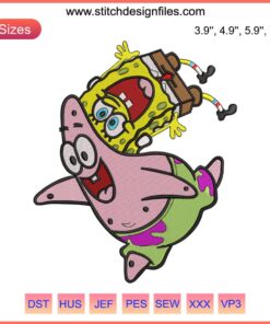 SpongeBob and Patrick Star comical embroidery design for machine stitching; SpongeBob SquarePants themed, vibrant duo pattern.
