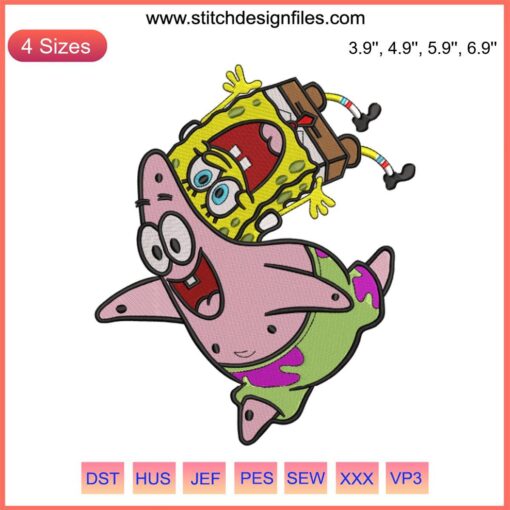 SpongeBob and Patrick Star comical embroidery design for machine stitching; SpongeBob SquarePants themed, vibrant duo pattern.