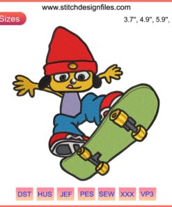 Parappa the Rapper Skateboard Embroidery Design File: Iconic character, colorful skateboard theme, digital embroidery pattern.