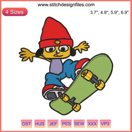 Parappa the Rapper Skateboard Embroidery Design File: Iconic character, colorful skateboard theme, digital embroidery pattern.
