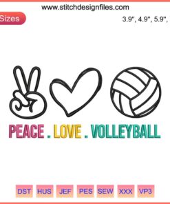 Peace Love Volleyball Embroidery Design: Heart, Peace Sign & Volleyball Elements - Sport Design File, Digital Download