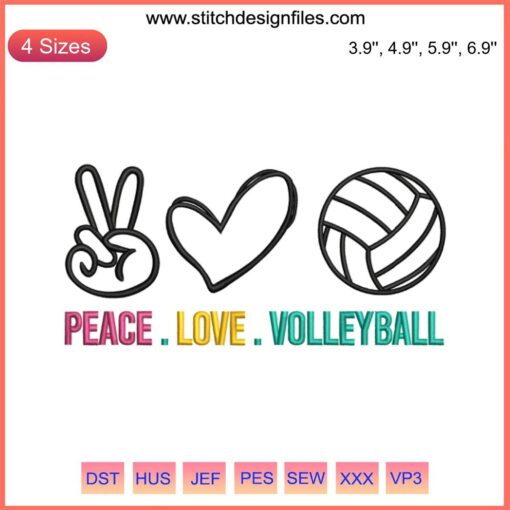 Peace Love Volleyball Embroidery Design: Heart, Peace Sign & Volleyball Elements - Sport Design File, Digital Download