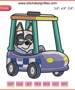 Bluey Muffin Police Car Embroidery Design | Funny Machine Embroidery File | Muffin Driving Patrol Car Motif