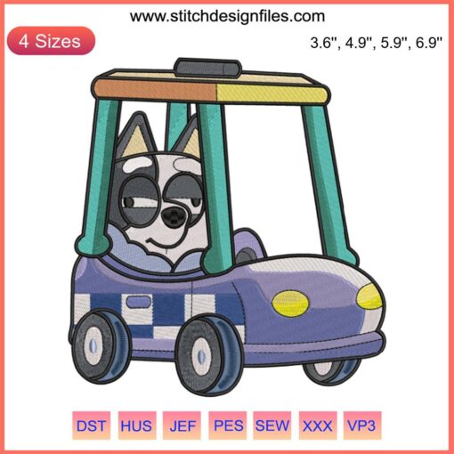 Bluey Muffin Police Car Embroidery Design | Funny Machine Embroidery File | Muffin Driving Patrol Car Motif