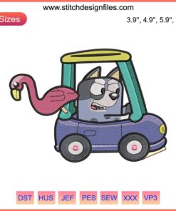 Muffin Heeler as flamingo driving police car embroidery design | Bluey Muffin digital file for machine embroidery