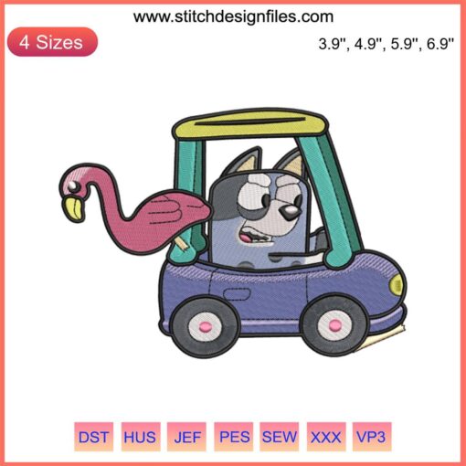Muffin Heeler as flamingo driving police car embroidery design | Bluey Muffin digital file for machine embroidery
