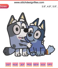 Bluey Muffin and Socks dog Valentine's embroidery design, featuring playful characters in a heart-themed pattern, ideal for machine embroidery.