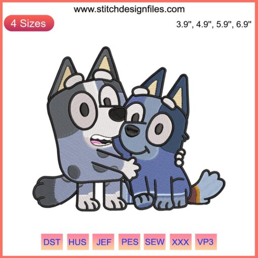 Bluey Muffin and Socks dog Valentine's embroidery design, featuring playful characters in a heart-themed pattern, ideal for machine embroidery.
