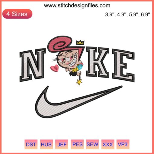 Cosmo and Wanda Embroidery Design, Nike, Fairly OddParents, Machine Embroidery, Vibrant Cartoon Characters, Fun Apparel Embellishment.