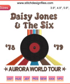 Daisy Jones And The Six Embroidery, Aurora World Tour Album Design featuring guitar and floral motifs, machine embroidery pattern.