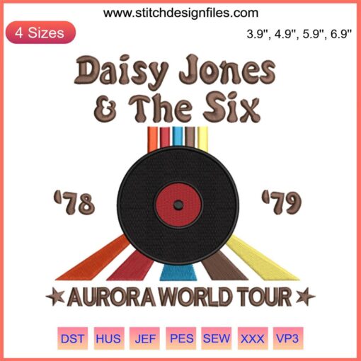 Daisy Jones And The Six Embroidery, Aurora World Tour Album Design featuring guitar and floral motifs, machine embroidery pattern.