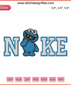 Nike-inspired Cookie Monster embroidery design, featuring a playful Cookie Monster logo for machine embroidery enthusiasts.