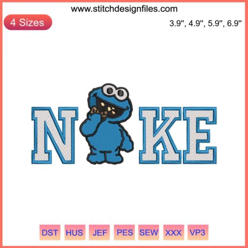 Nike-inspired Cookie Monster embroidery design, featuring a playful Cookie Monster logo for machine embroidery enthusiasts.