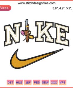 Tom and Jerry Nike logo embroidery file, cartoon-inspired embroidery design with mouse motif, digital download.