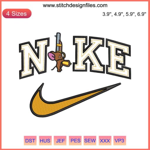 Tom and Jerry Nike logo embroidery file, cartoon-inspired embroidery design with mouse motif, digital download.