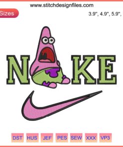 Nike Patrick Star Embroidery File featuring a humorous Patrick Star and SpongeBob design for machine embroidery projects.