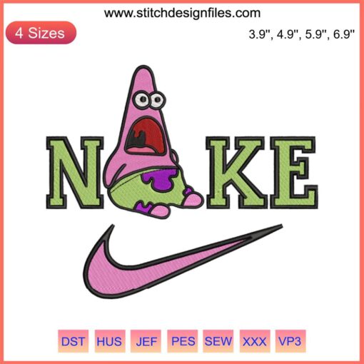 Nike Patrick Star Embroidery File featuring a humorous Patrick Star and SpongeBob design for machine embroidery projects.
