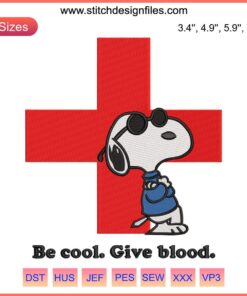 Snoopy embroidery design with "Be Cool Give Blood" text; American Red Cross style; digital file for crafting.
