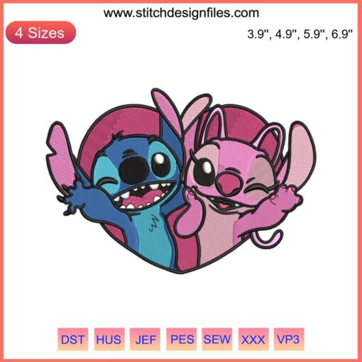 Stitch Angel Heart Embroidery Design | Fun Disney Machine Embroidery File | Love Stitch | Cute Valentine's Day Pattern