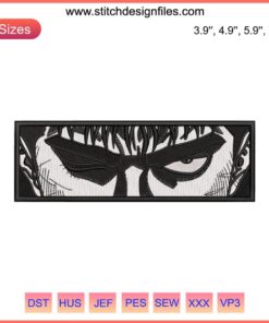 Anime face embroidery design featuring intense Berserk eyes, machine embroidery pattern.