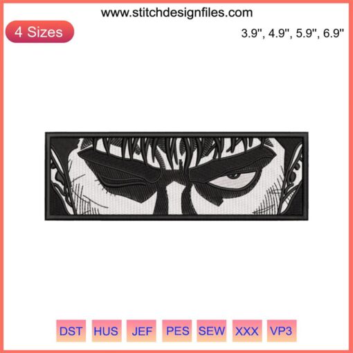 Anime face embroidery design featuring intense Berserk eyes, machine embroidery pattern.