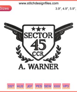 Aaron Warner Sector 45 Embroidery, Sector CCR Machine Design File, high-detail digital embroidery design for industrial machines.