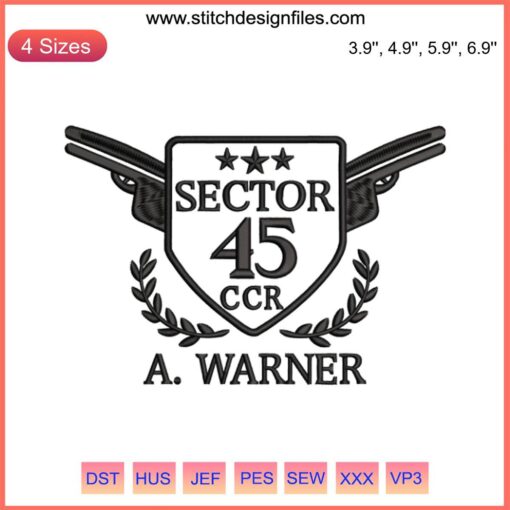 Aaron Warner Sector 45 Embroidery, Sector CCR Machine Design File, high-detail digital embroidery design for industrial machines.