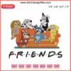 Bluey Friends On Sofa Embroidery Design: Trendy Cartoon Machine Embroidery, Colorful Characters on Couch.