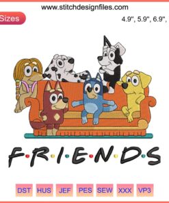 Bluey Friends On Sofa Embroidery Design: Trendy Cartoon Machine Embroidery, Colorful Characters on Couch.