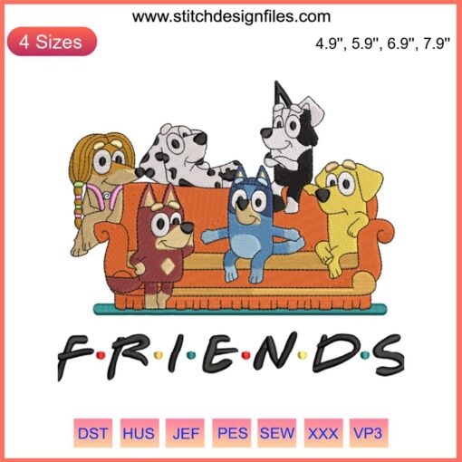 Bluey Friends On Sofa Embroidery Design: Trendy Cartoon Machine Embroidery, Colorful Characters on Couch.