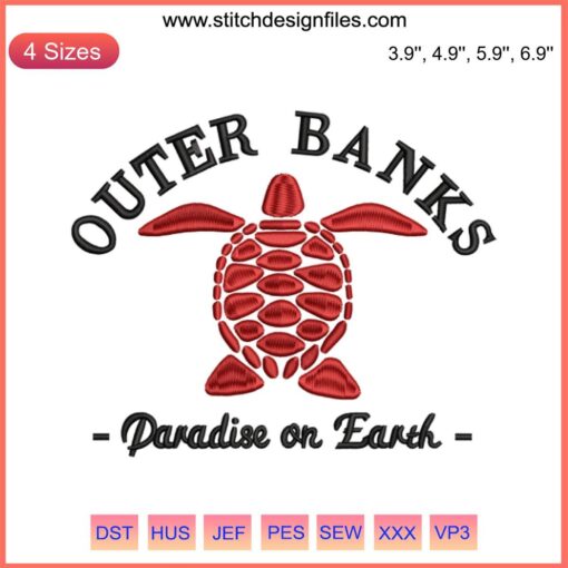 Outer Banks Paradise Embroidery Design featuring palm trees, sun, and waves. Perfect machine embroidery file. Vibrant and tropical.