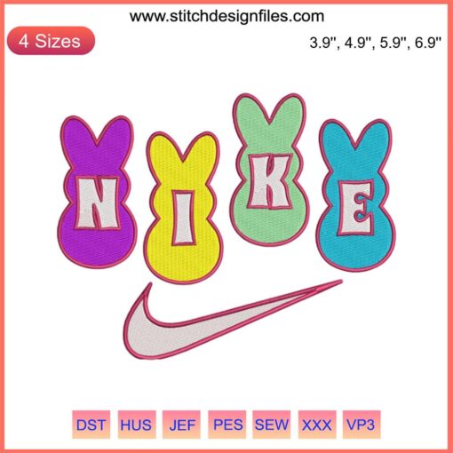Nike Easter Bunny Embroidery design featuring a festive bunny with pastel colors, perfect for Happy Easter projects and crafts.