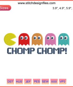 Colorful Pacman ghosts embroidery design, digital download file, retro game decor, pixel art, arcade sewing pattern.