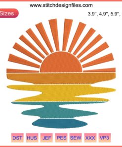 Retro-style sunset rays, wavy water embroidery design. Summer sunshine machine file ideal for vibrant, nostalgic creations.