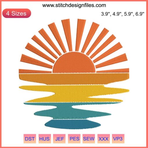 Retro-style sunset rays, wavy water embroidery design. Summer sunshine machine file ideal for vibrant, nostalgic creations.
