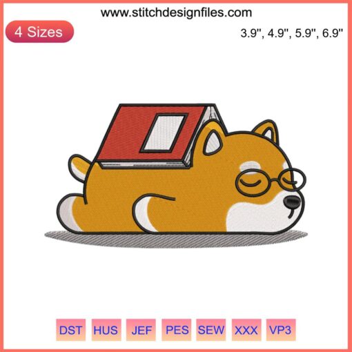 Adorable Corgi Sleeping on Book Embroidery Design, Dog Corgi Sew File, Cute Canine Embroidery Pattern for Craft Projects