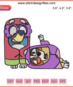 Blue Bingo Couple Embroidery | Bluey Disney Design File featuring a humorous, colorful stitch of Bluey and Bingo characters.