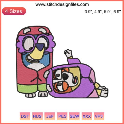 Blue Bingo Couple Embroidery | Bluey Disney Design File featuring a humorous, colorful stitch of Bluey and Bingo characters.